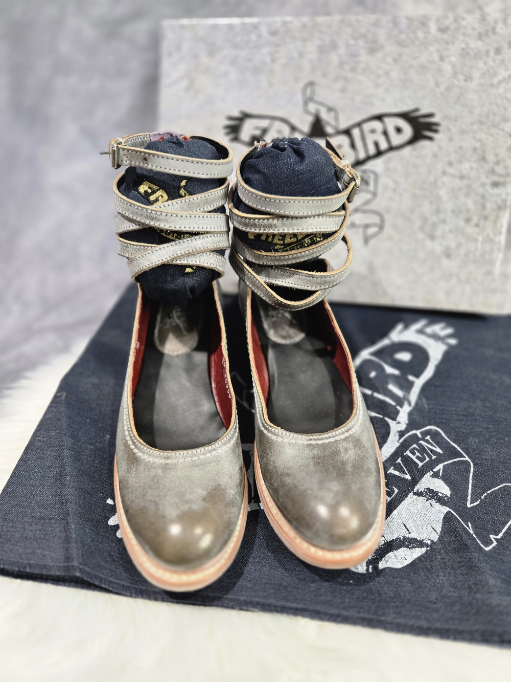 Freebird by Steven Martina heels featuring a grey and purple ice snakeskin-embos